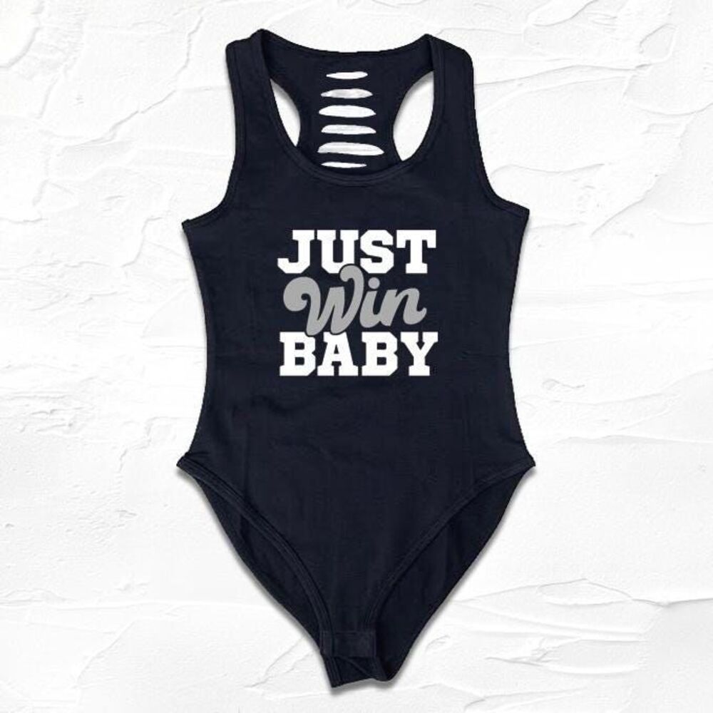 Womens handmade Black/Silver JUST WIN BABY Game Bodysuit, Football outift ideas